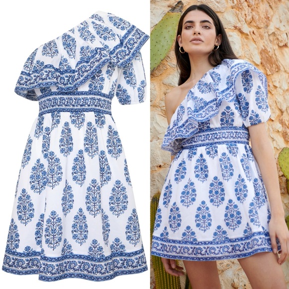 Neve & Noor Kelly Dress Indi Lapis One Shoulder Ruffle Smocked Waist Mini - Picture 1 of 12